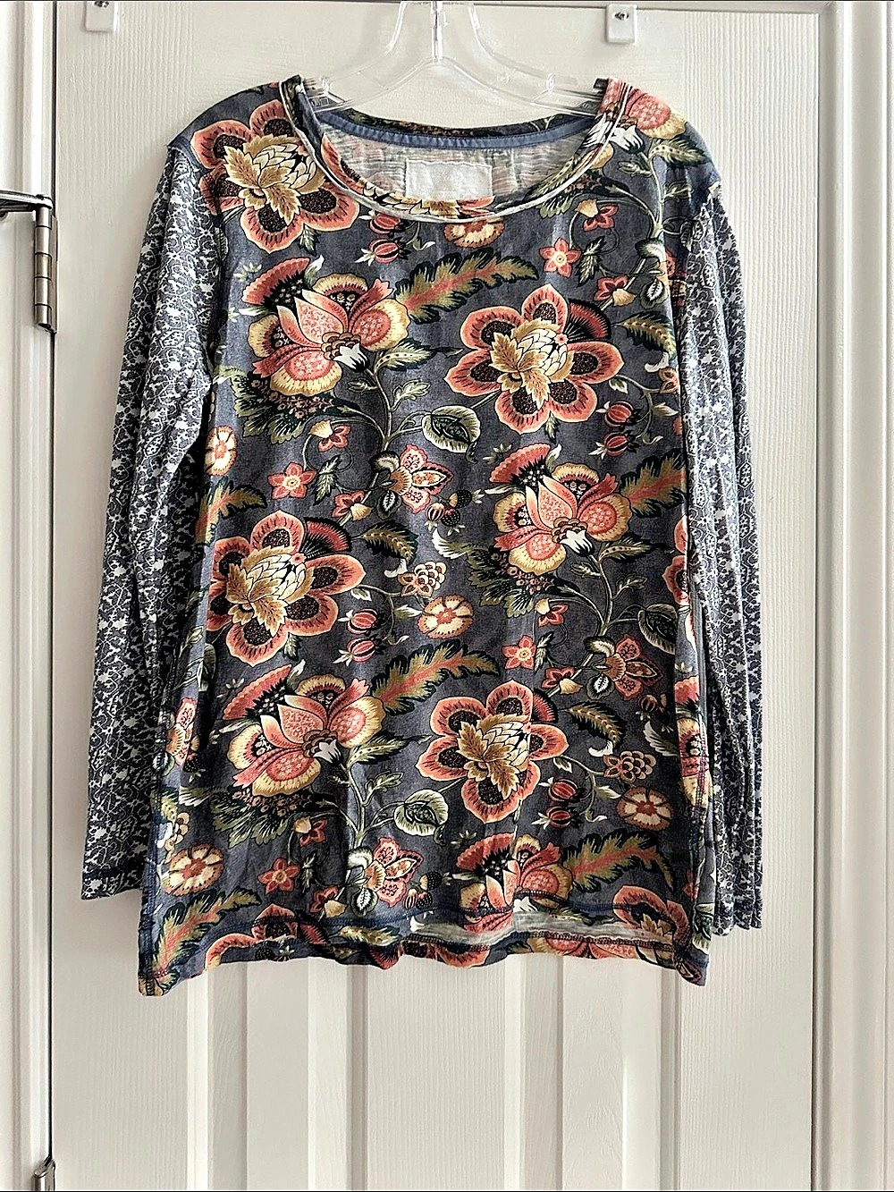 Cino Floral Cotton Long Sleeve Shirt Grey Blue Women’s L Casual Autumn